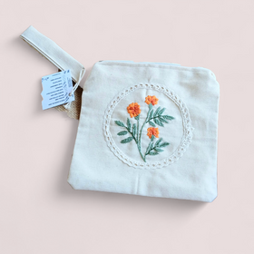 Marigold garden hand embroidered utility pouch - handcrafted