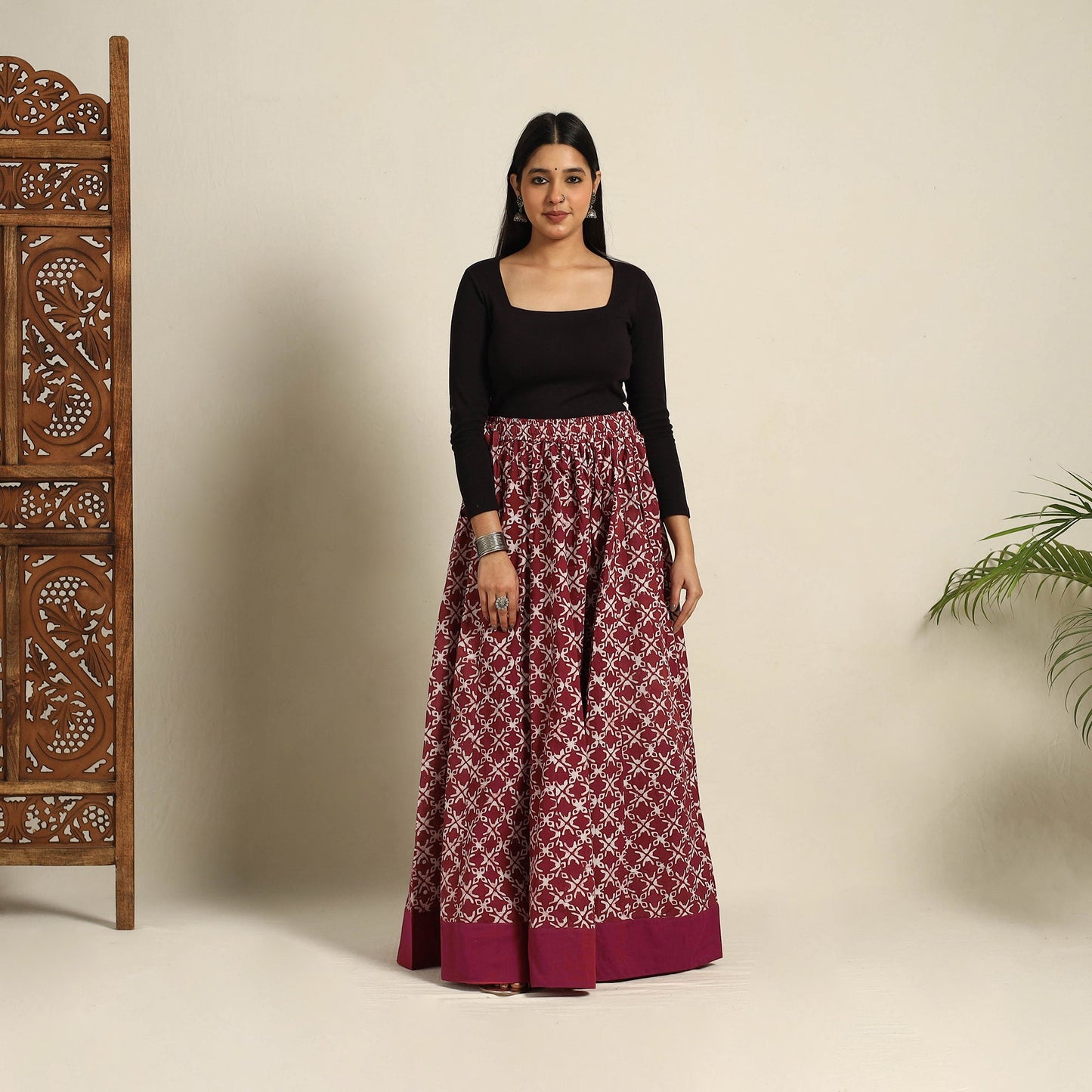 Maroon 24 Kali Patchwork Batik Print Cotton Long Skirt