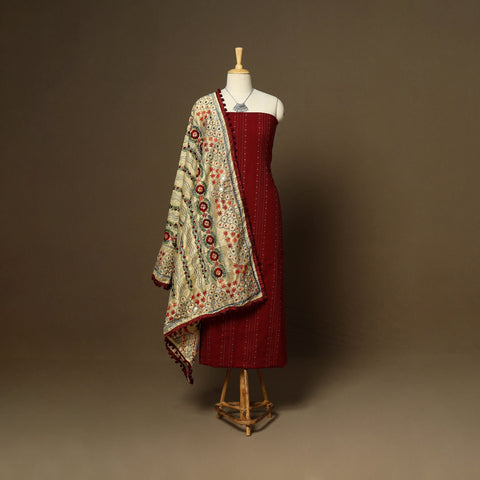 Maroon - 2pc cotton unstitched jacquard dress material