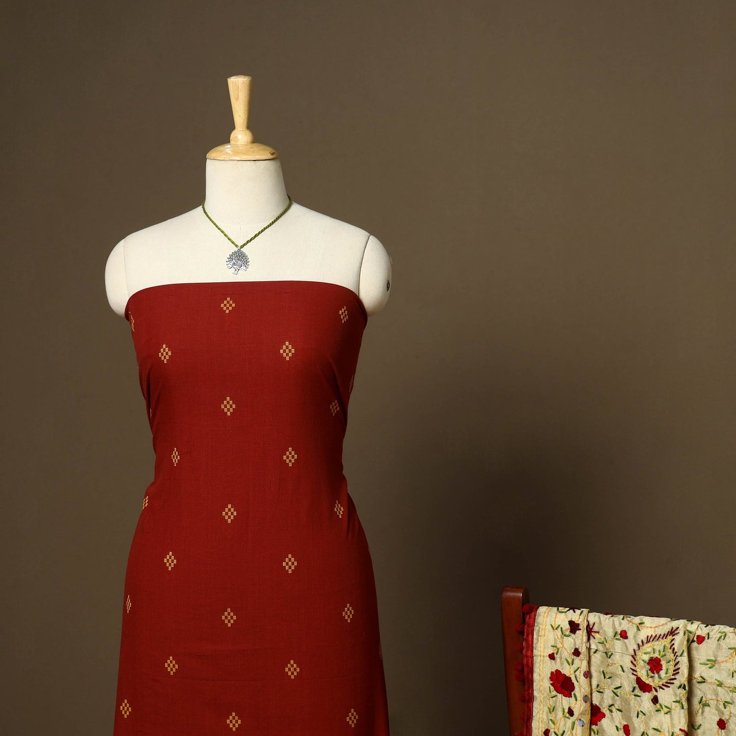 Maroon - 2pc cotton unstitched jacquard dress material