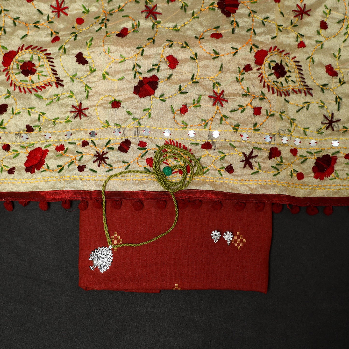 Maroon - 2pc cotton unstitched jacquard dress material