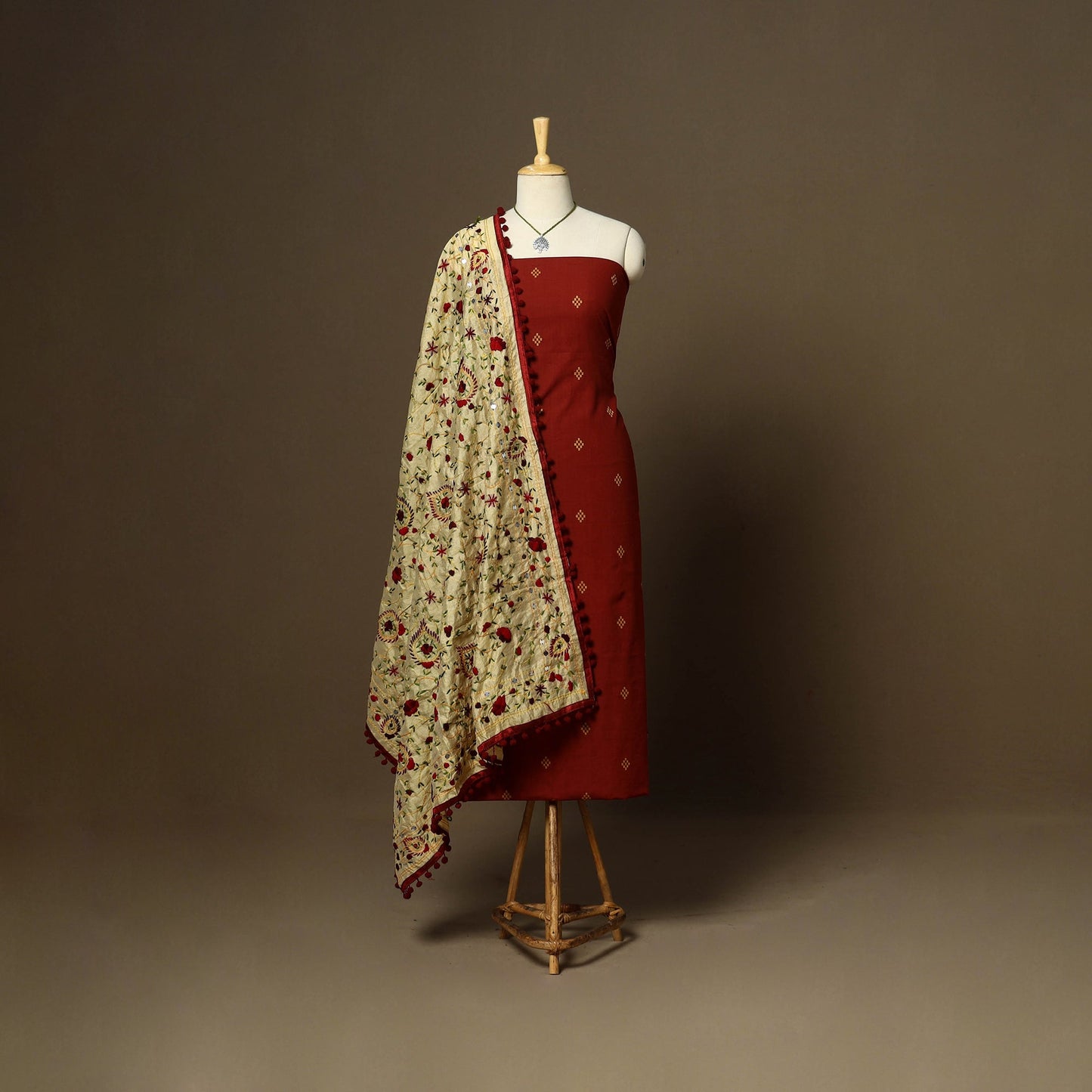 Maroon - 2pc cotton unstitched jacquard dress material