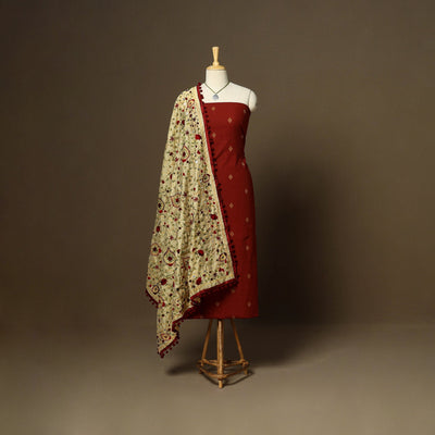 Maroon - 2pc cotton unstitched jacquard dress material