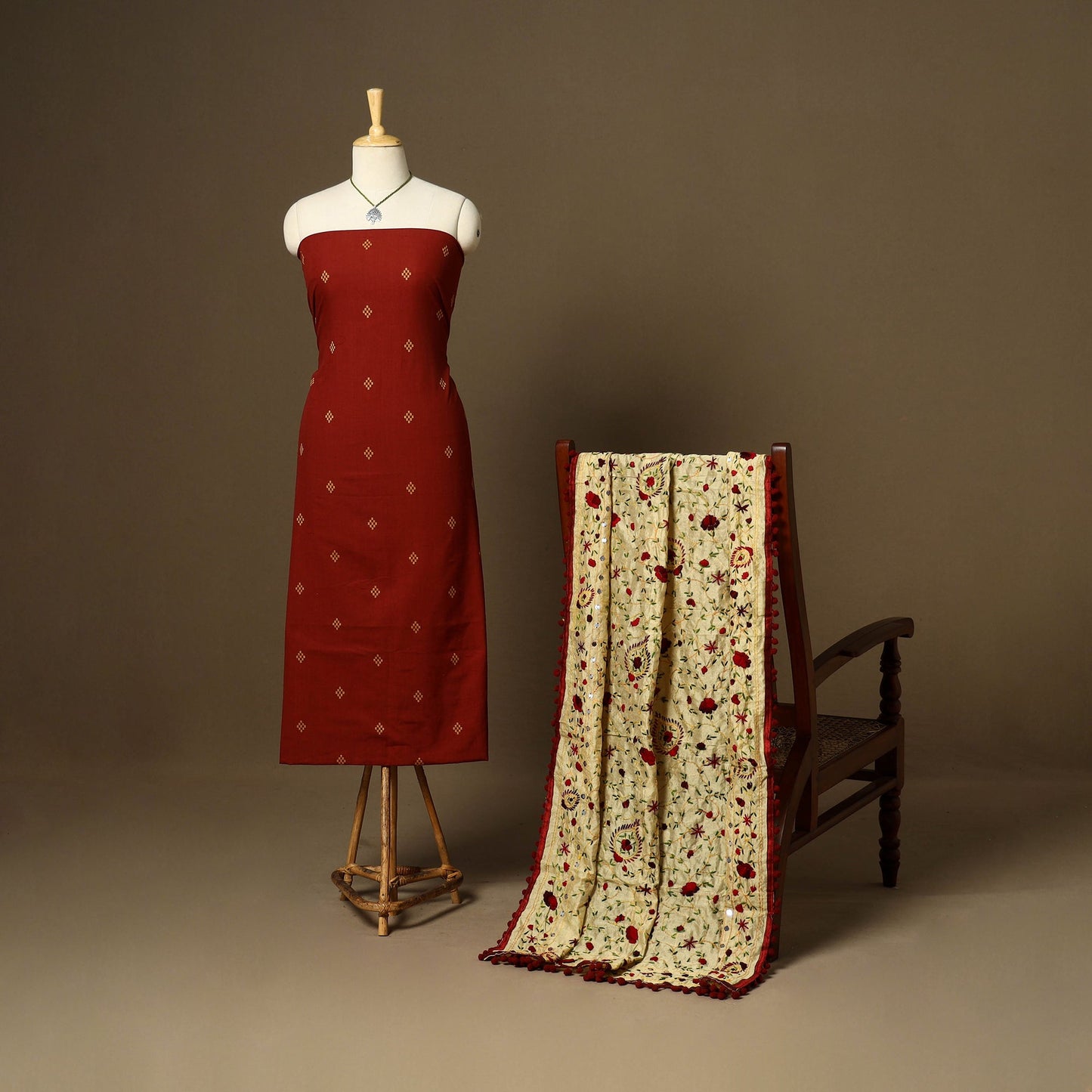 Maroon - 2pc cotton unstitched jacquard dress material