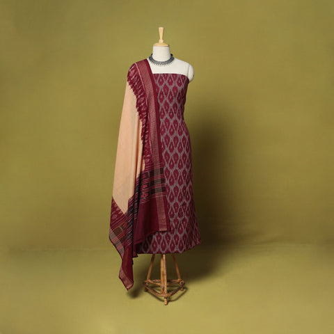 Maroon - 2pc cotton unstitched pochampally ikat dress