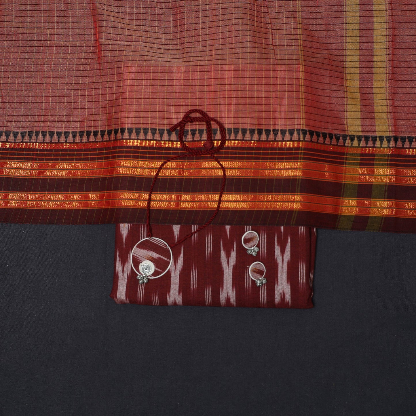 Maroon - 2pc cotton unstitched pochampally ikat dress
