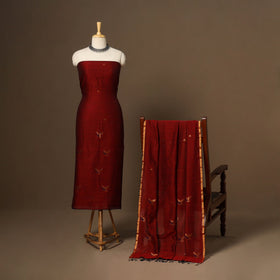 Maroon - 2pc handloom cotton unstitched phulia jamdani