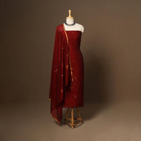 Maroon - 2pc handloom cotton unstitched phulia jamdani