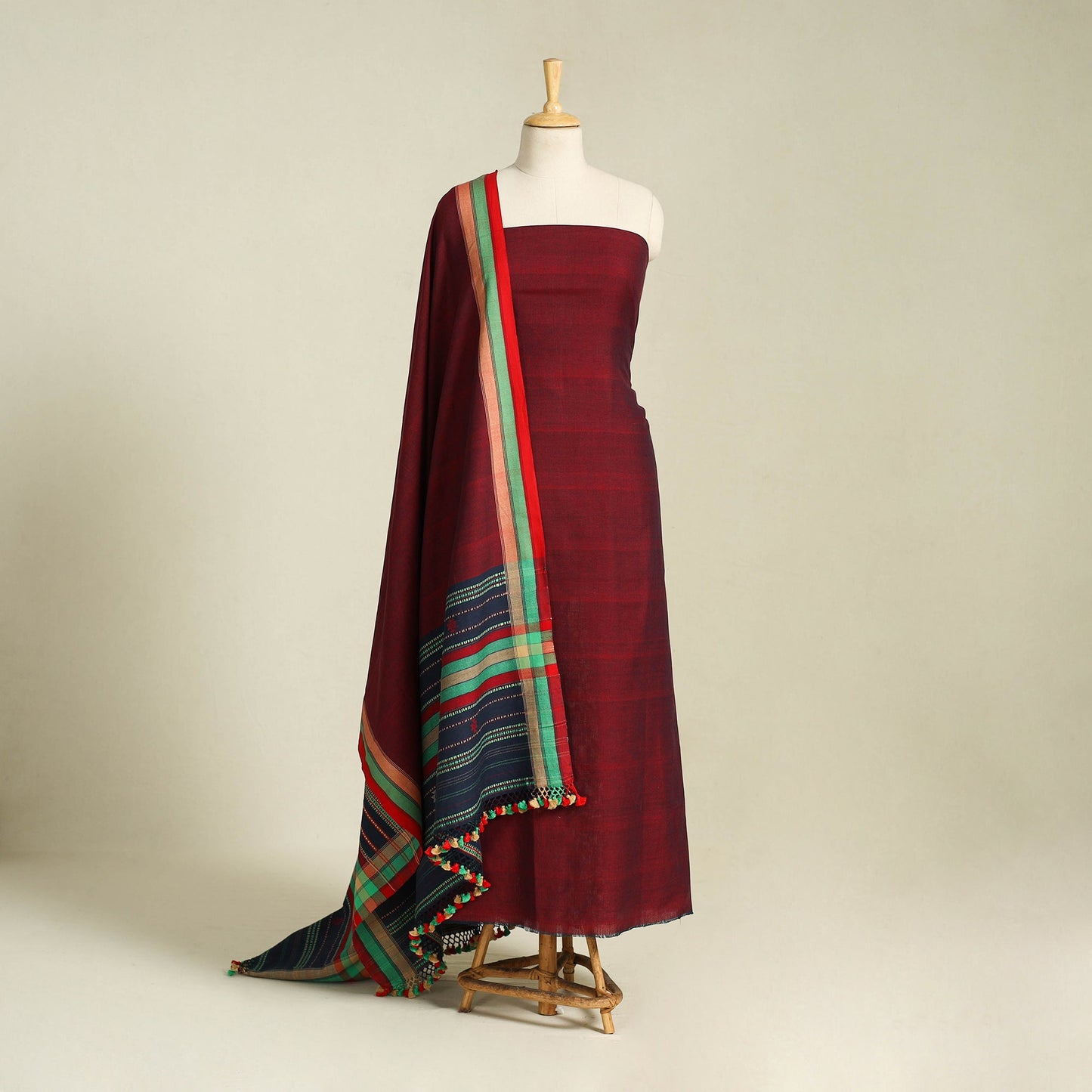  Maroon 2pc Handloom Fine Cotton Kutch Bhujodi Dress Material