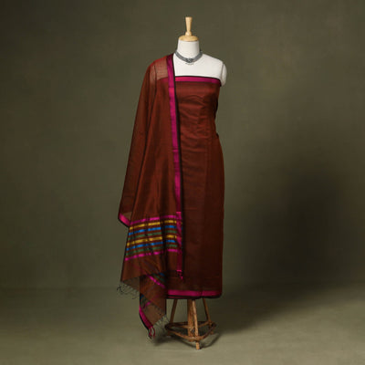 Maroon 2pc Handloom Unstitched Maheshwari Dress Material with Border
