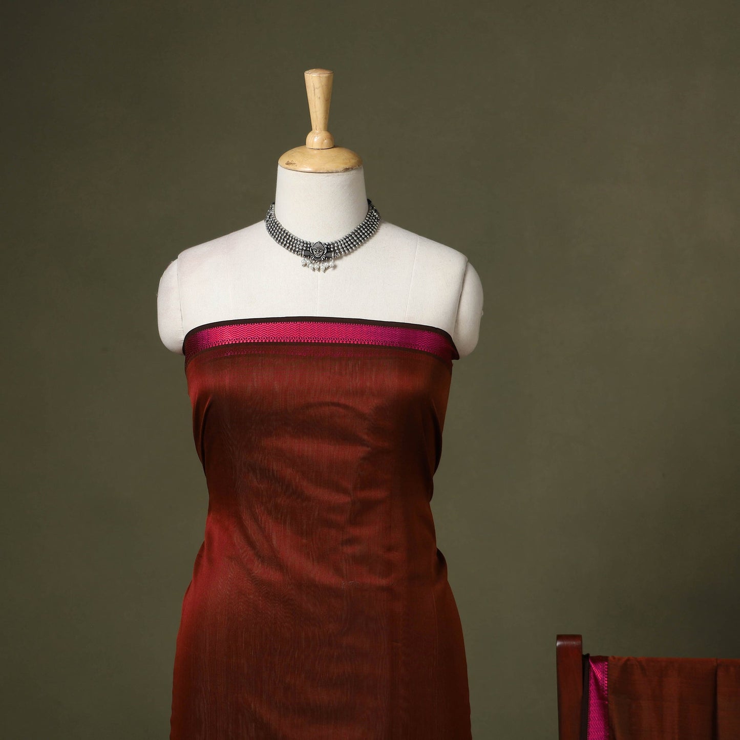 Maroon 2pc Handloom Unstitched Maheshwari Dress Material with Border