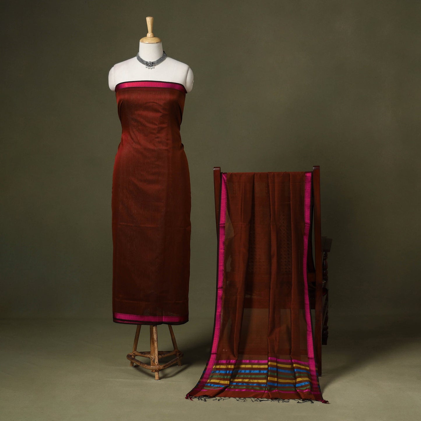 Maroon 2pc Handloom Unstitched Maheshwari Dress Material with Border