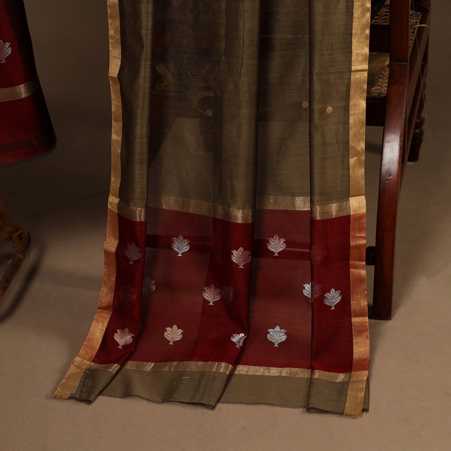 Maroon - 2pc handloom zari buta unstitched chanderi silk
