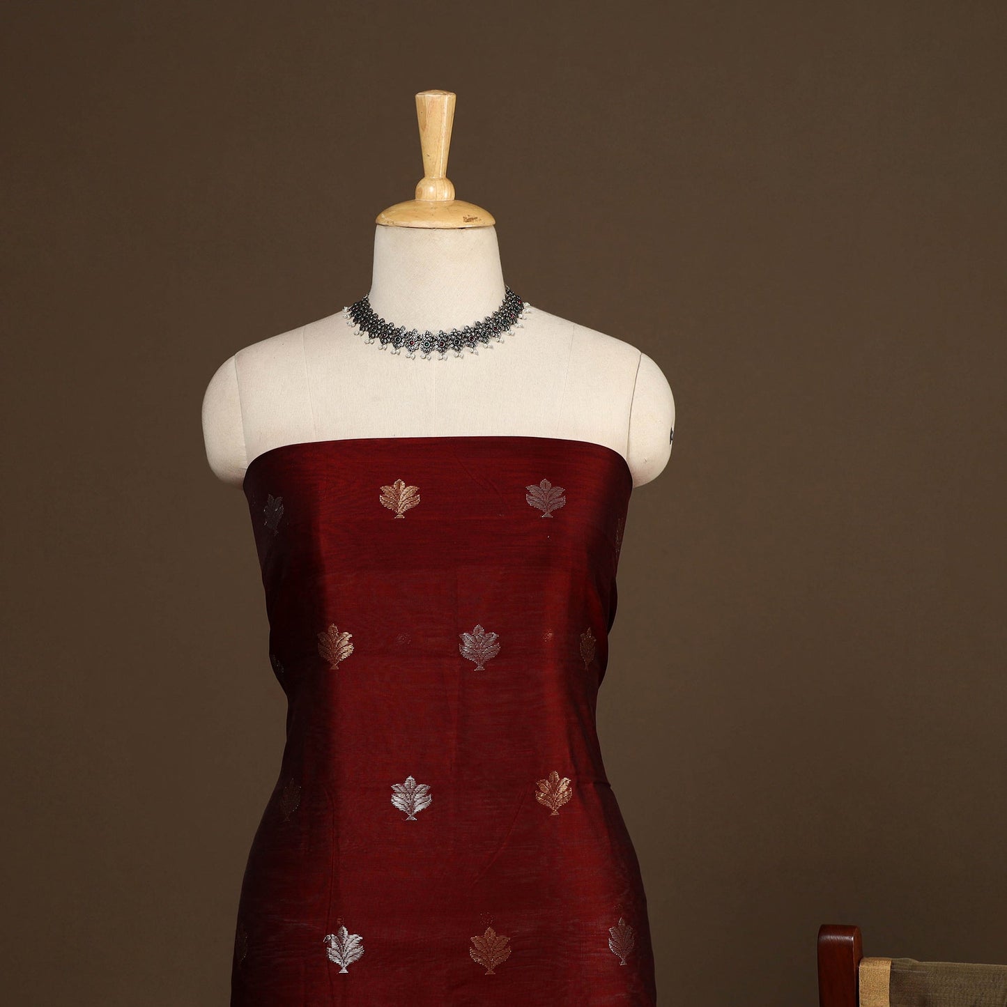 Maroon - 2pc handloom zari buta unstitched chanderi silk