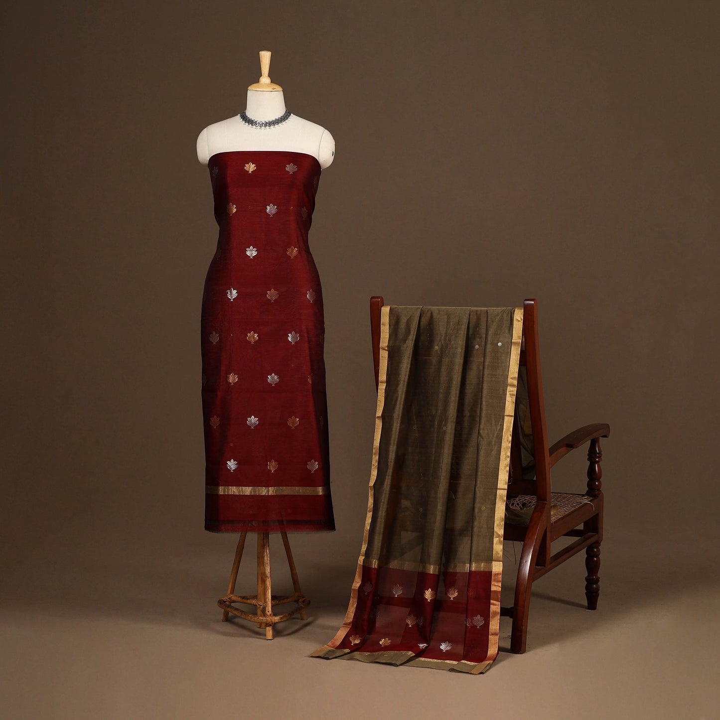 Maroon - 2pc handloom zari buta unstitched chanderi silk