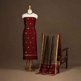 Maroon - 2pc handloom zari buta unstitched chanderi silk