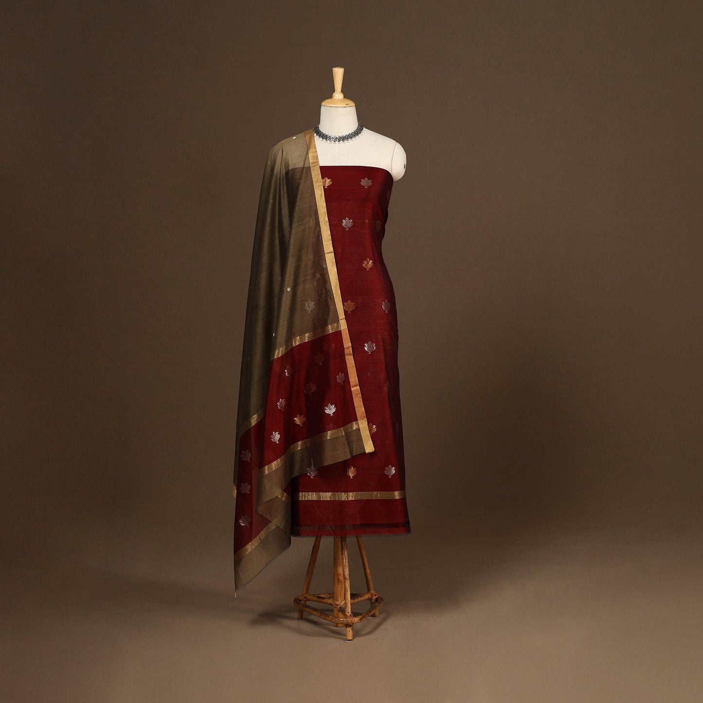 Maroon - 2pc handloom zari buta unstitched chanderi silk