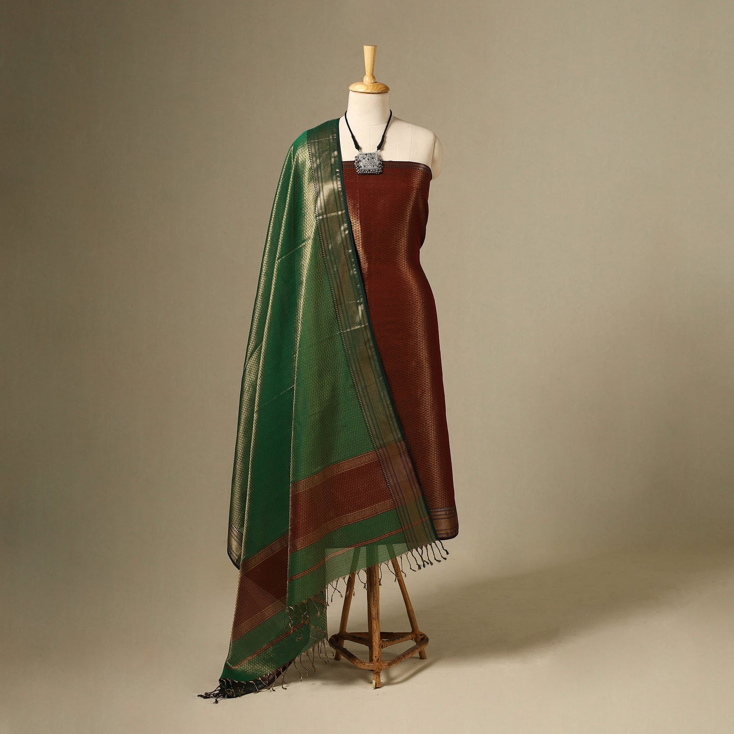 Maroon 2pc Tissue Zari Handloom Cotton Maheshwari Dress Material