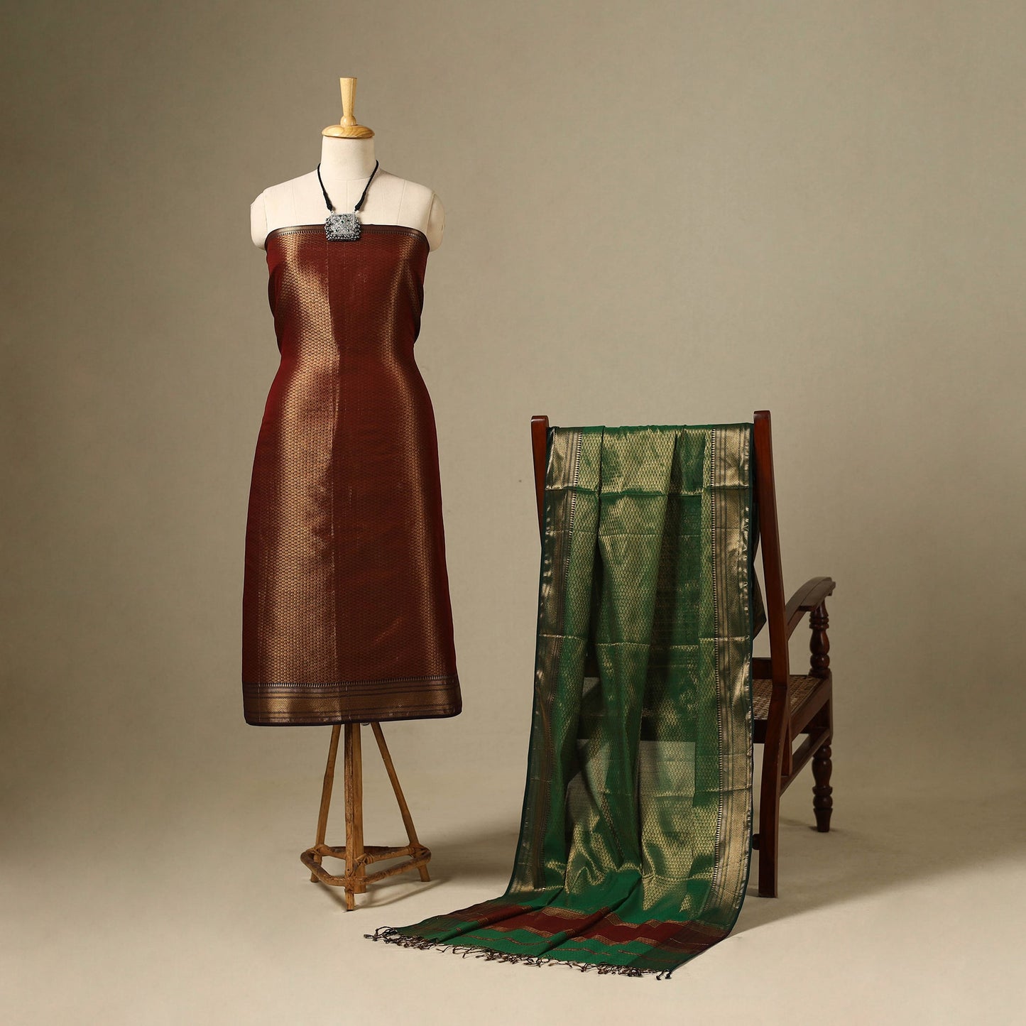 Maroon 2pc Tissue Zari Handloom Cotton Maheshwari Dress Material