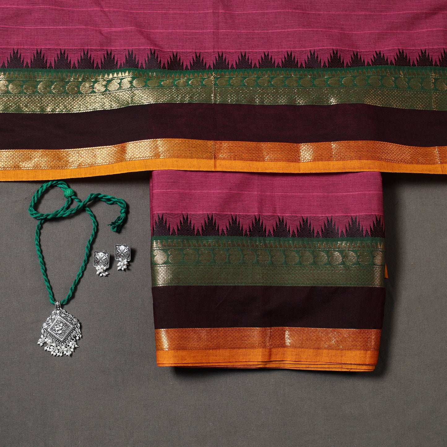 Maroon 2pc Kandangi Chettinad Dress Material with Jewellery Set
