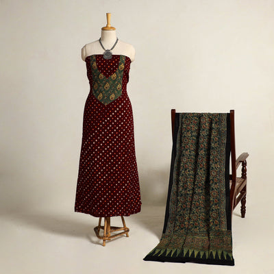 Maroon - 2pc tie-dye cotton bandhani kurta with dupatta 07
