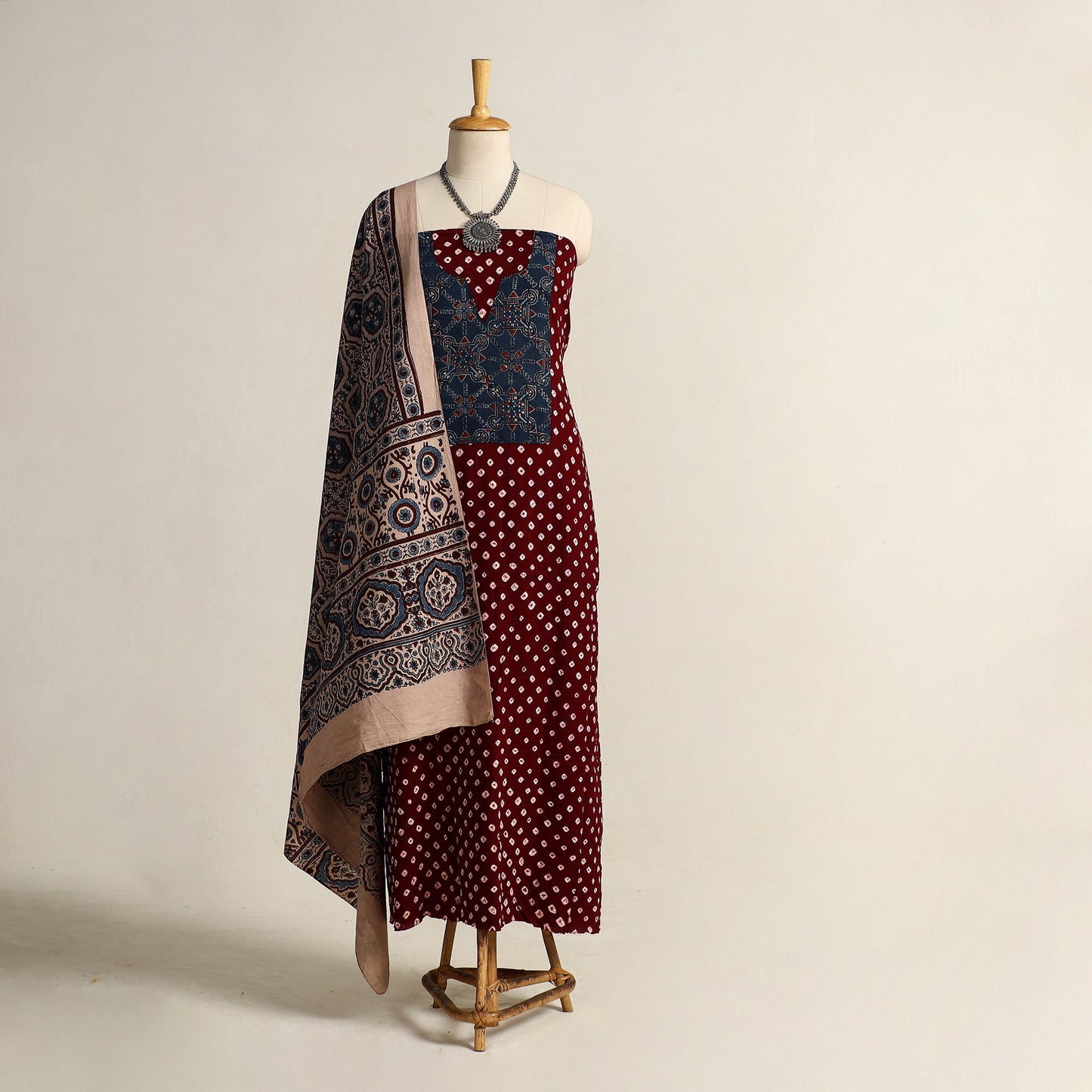  Maroon 2pc Tie-Dye Cotton Bandhani Kurta with Ajrakh Dupatta