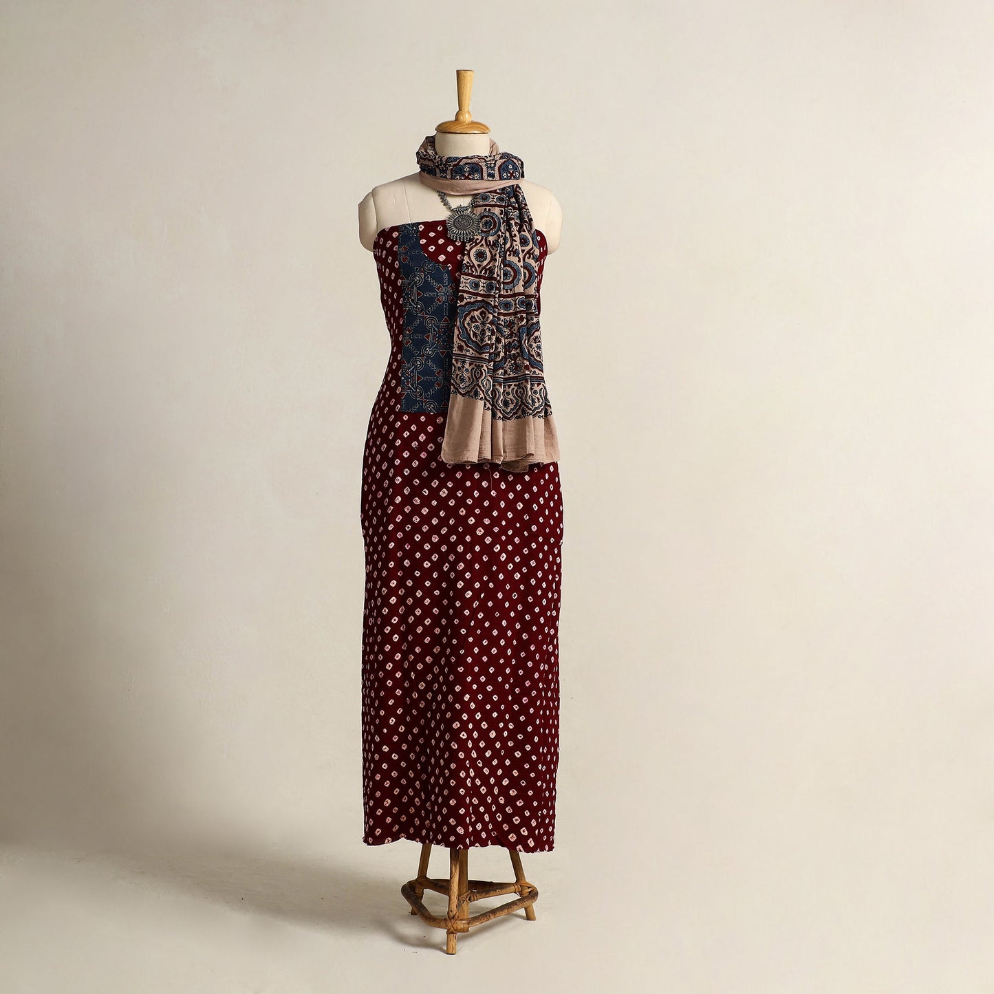  Maroon 2pc Tie-Dye Cotton Bandhani Kurta with Ajrakh Dupatta