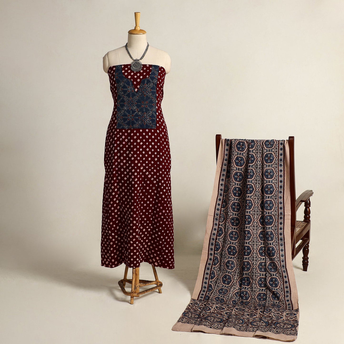  Maroon 2pc Tie-Dye Cotton Bandhani Kurta with Ajrakh Dupatta
