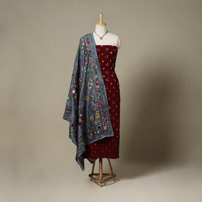 Maroon 2pc Unstitched Bandhani Dress Material with Jewellery Set