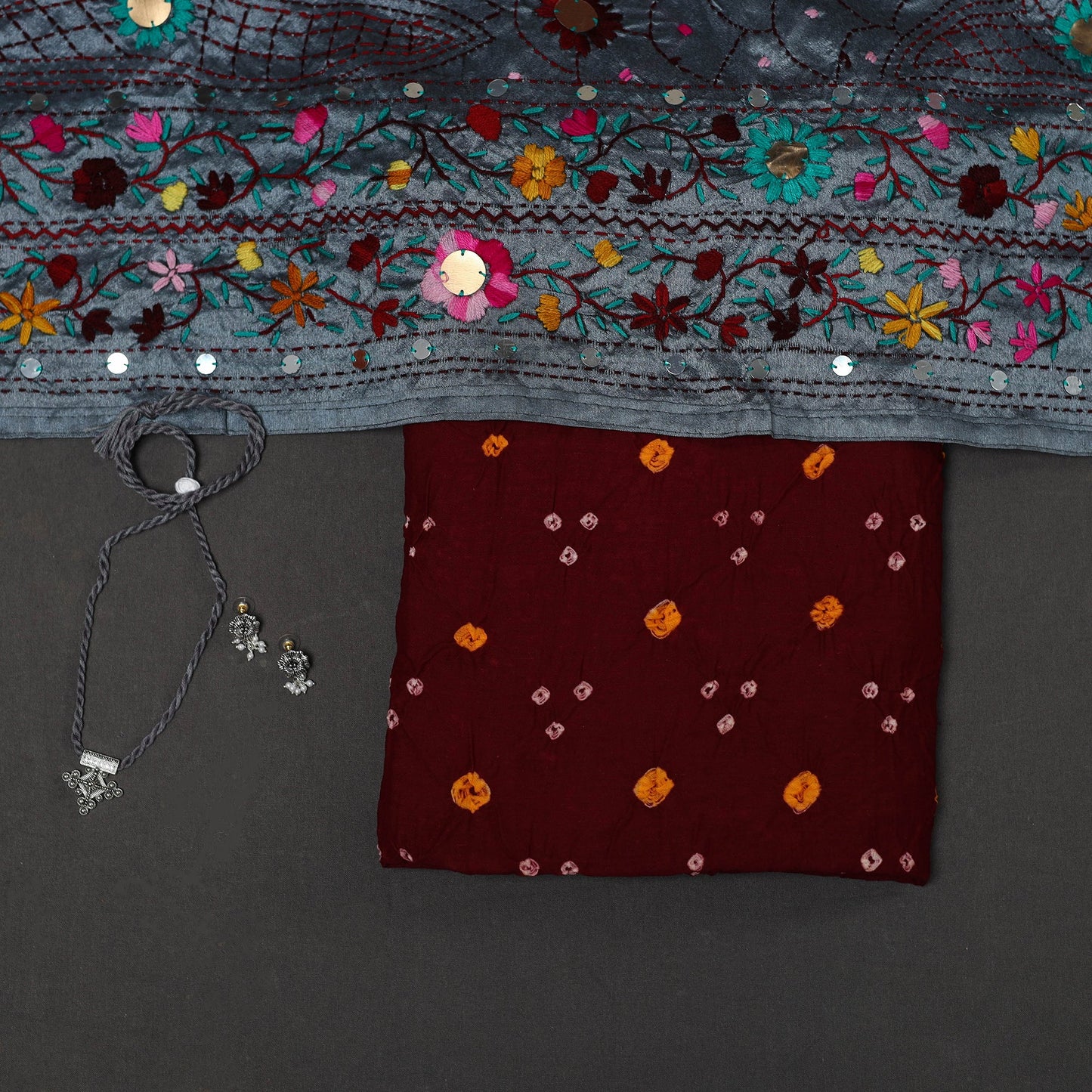 Maroon 2pc Unstitched Bandhani Dress Material with Jewellery Set