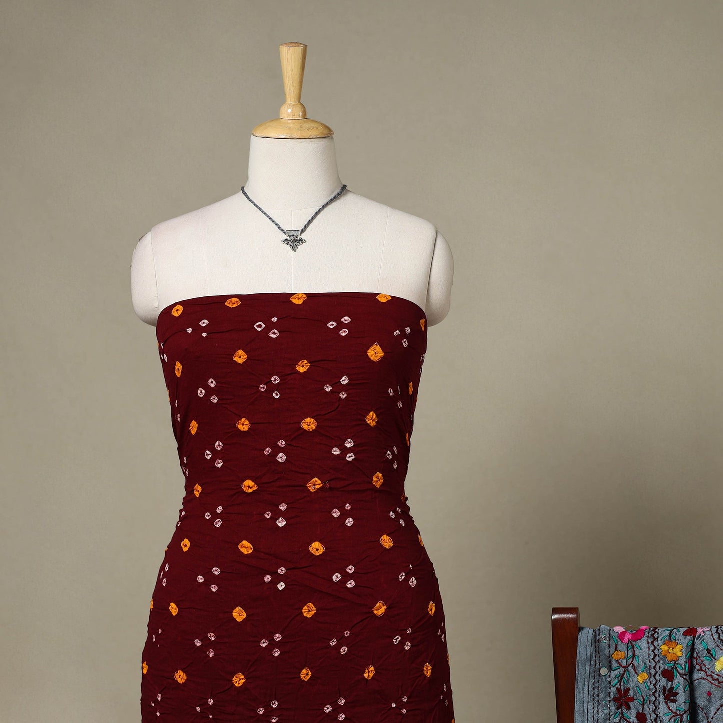 Maroon 2pc Unstitched Bandhani Dress Material with Jewellery Set