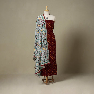 Maroon 2pc Unstitched Bandhani Dress Material with Jewellery Set