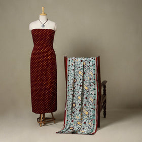 Maroon 2pc Unstitched Bandhani Dress Material with Jewellery Set