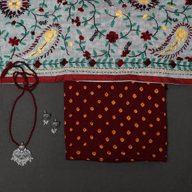 Maroon 2pc Unstitched Bandhani Dress Material with Jewellery Set