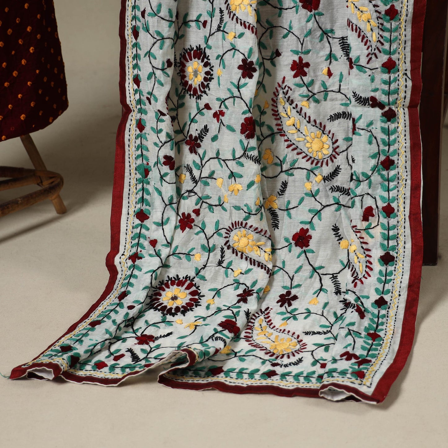 Maroon 2pc Unstitched Bandhani Dress Material with Jewellery Set