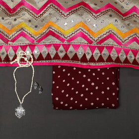 Maroon 2pc Unstitched Bandhani Dress Material with Jewellery Set