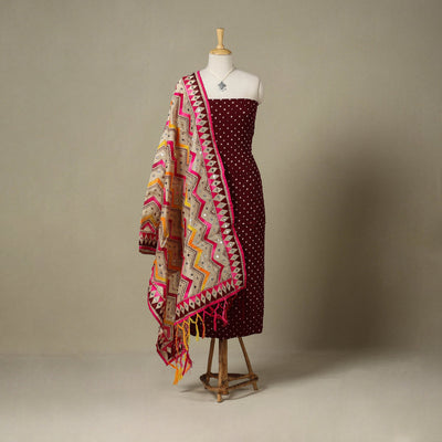 Maroon 2pc Unstitched Bandhani Dress Material with Jewellery Set