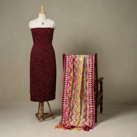 Maroon 2pc Unstitched Bandhani Dress Material with Jewellery Set