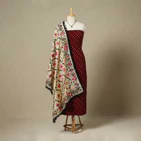 Maroon 2pc Unstitched Bandhani Dress Material with Jewellery Set