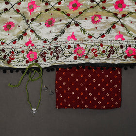 Maroon 2pc Unstitched Bandhani Dress Material with Jewellery Set