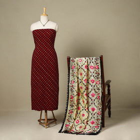 Maroon 2pc Unstitched Bandhani Dress Material with Jewellery Set