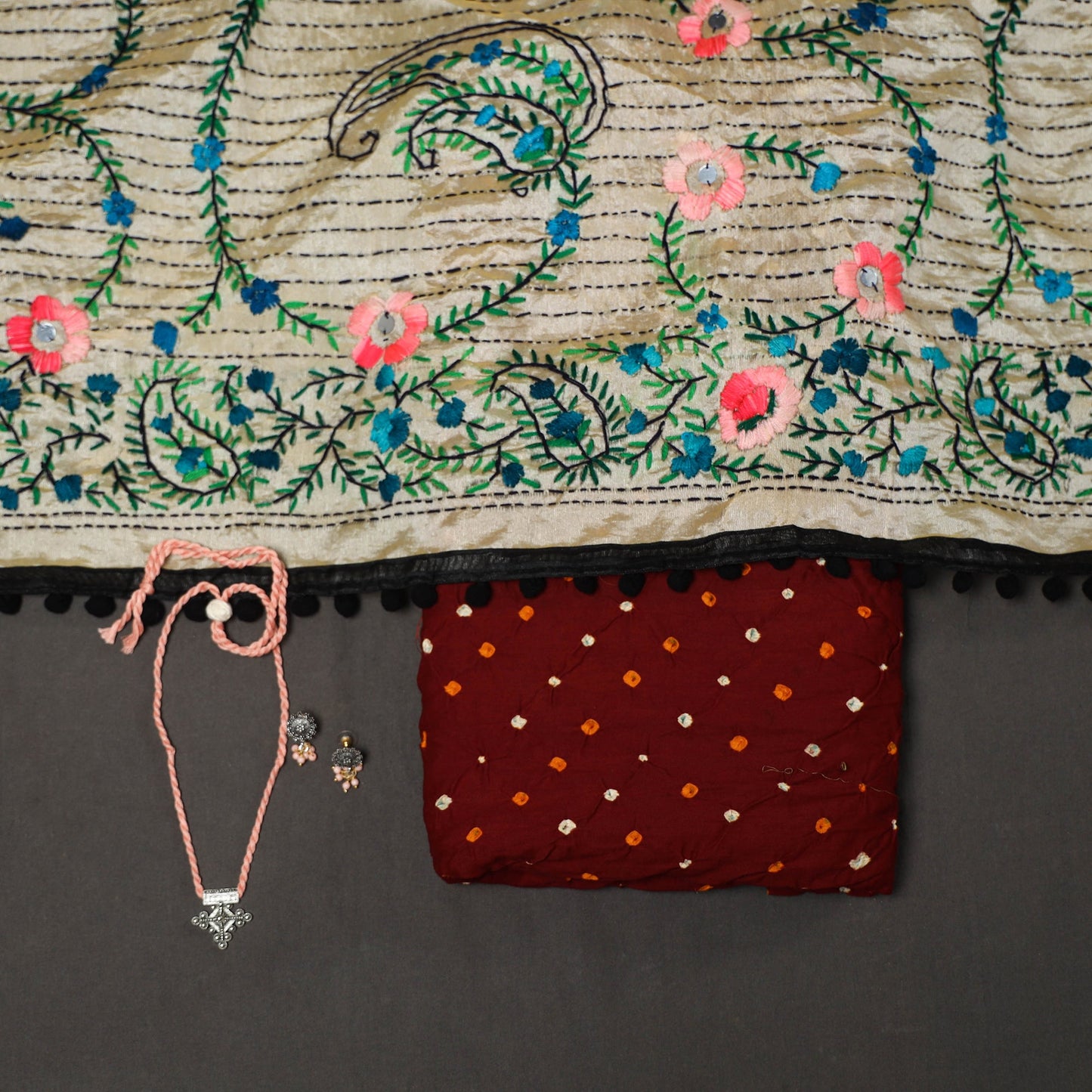 Maroon - 2pc unstitched bandhani dress material