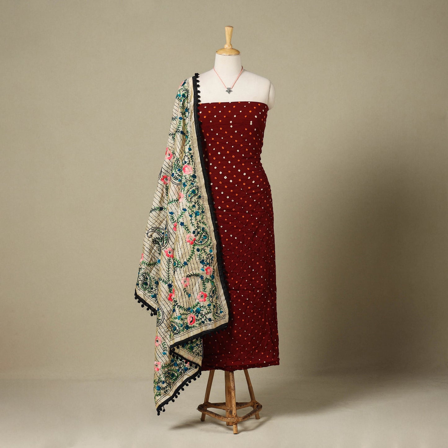 Maroon - 2pc unstitched bandhani dress material