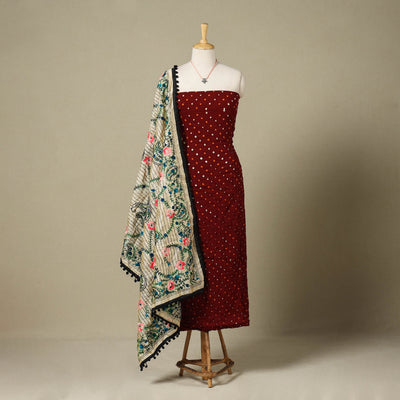 Maroon - 2pc unstitched bandhani dress material