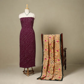 Maroon 2pc Unstitched Bandhani Dress Material with Jewellery Set