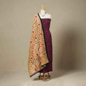 Maroon 2pc Unstitched Bandhani Dress Material with Jewellery Set