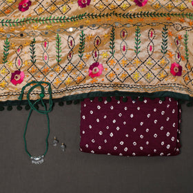 Maroon 2pc Unstitched Bandhani Dress Material with Jewellery Set