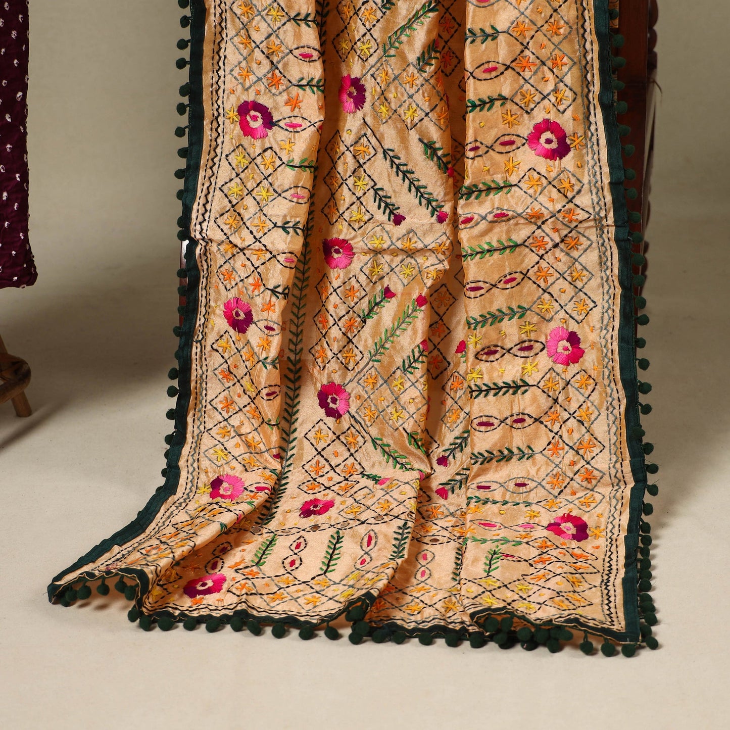 Maroon 2pc Unstitched Bandhani Dress Material with Jewellery Set