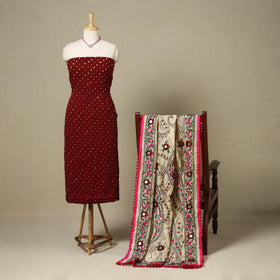 Maroon 2pc Unstitched Bandhani Dress Material with Jewellery Set