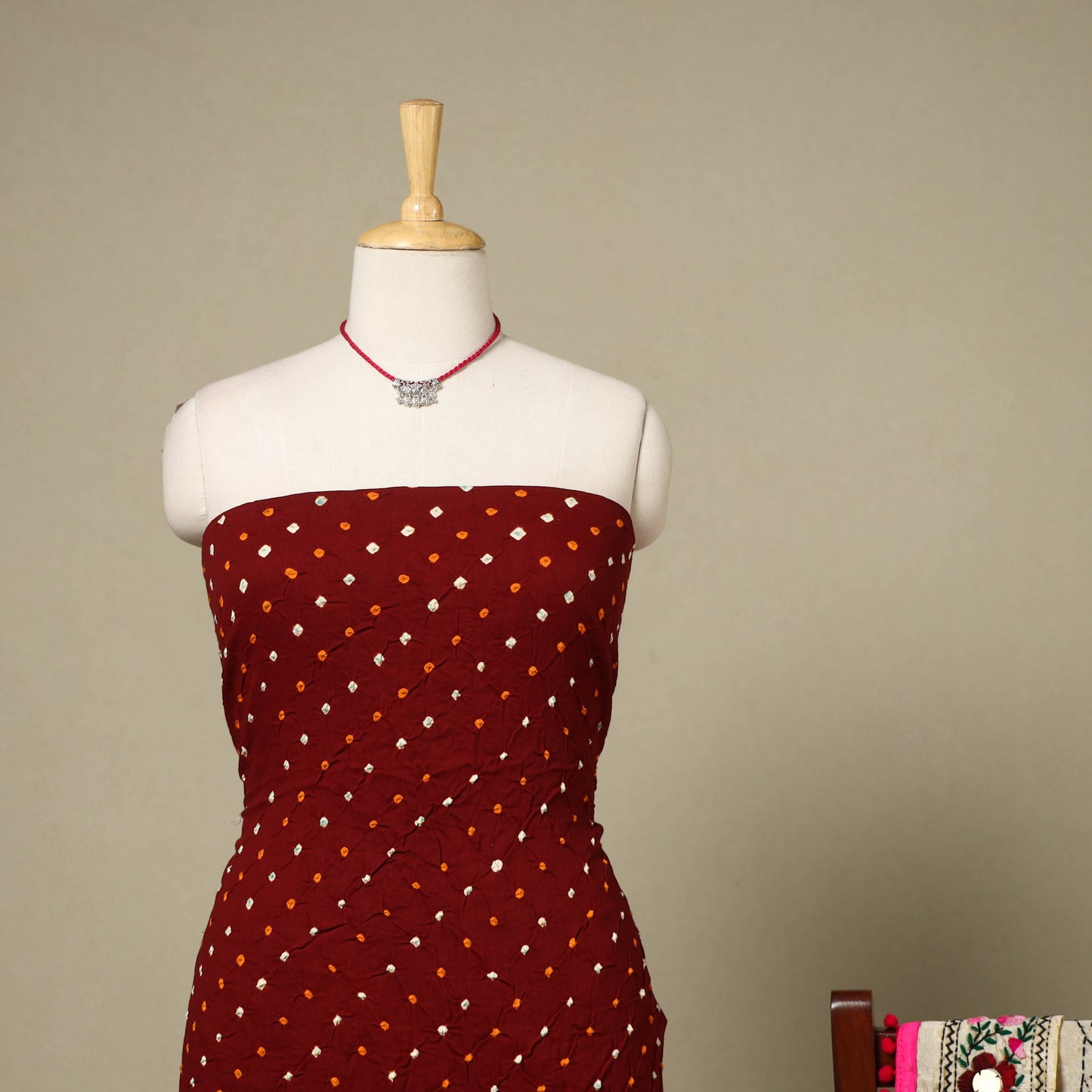 Maroon 2pc Unstitched Bandhani Dress Material with Jewellery Set